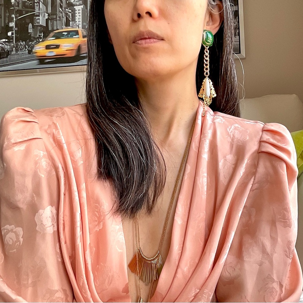 Redesigned Nina Ricci green and gold toned clip on dangling earrings